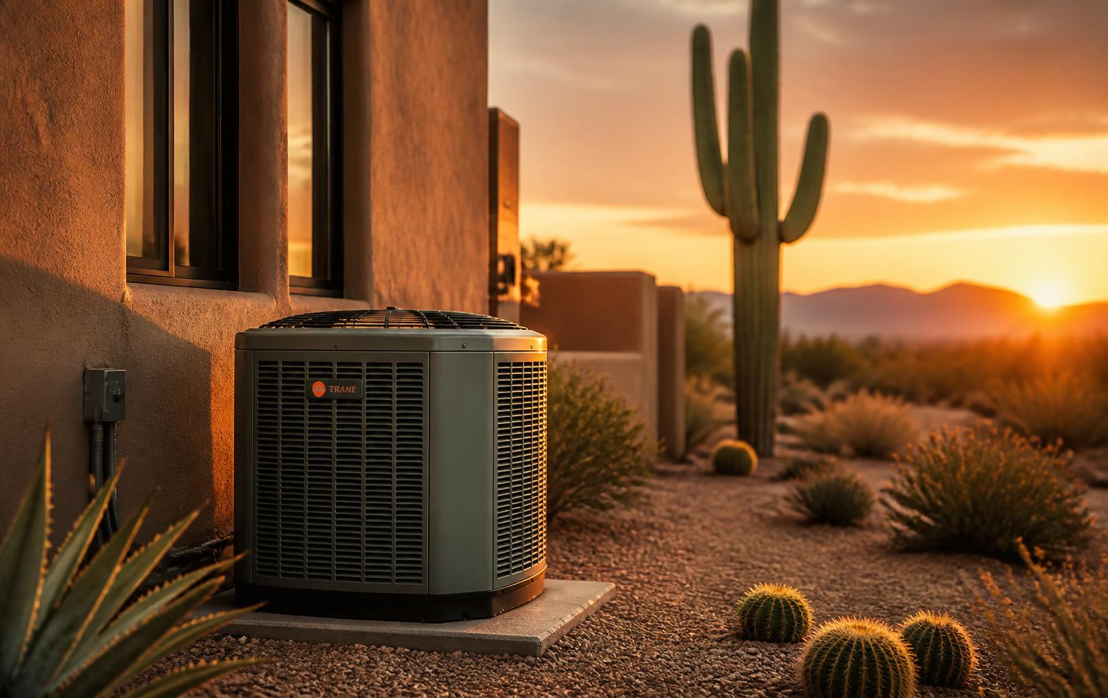 Home air conditioner at sunrise with Arizona mountains behind it